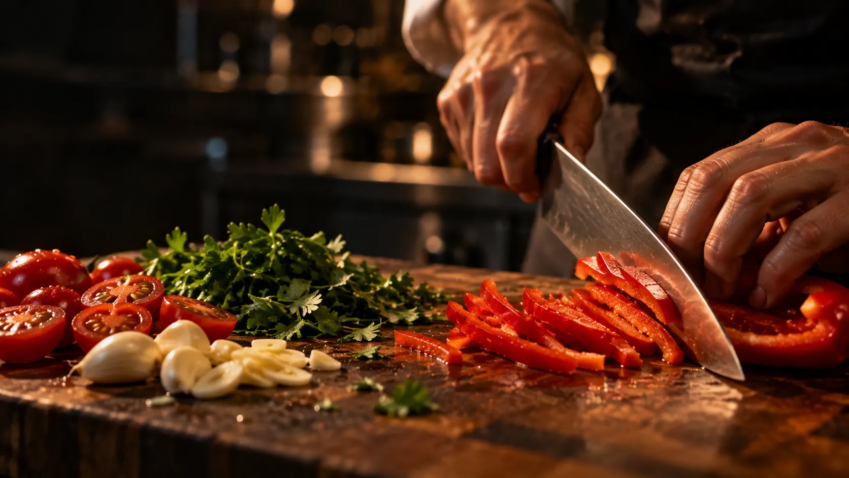 Un cuisinier émince un poivron sur une planche, près d'herbes et de tomates.