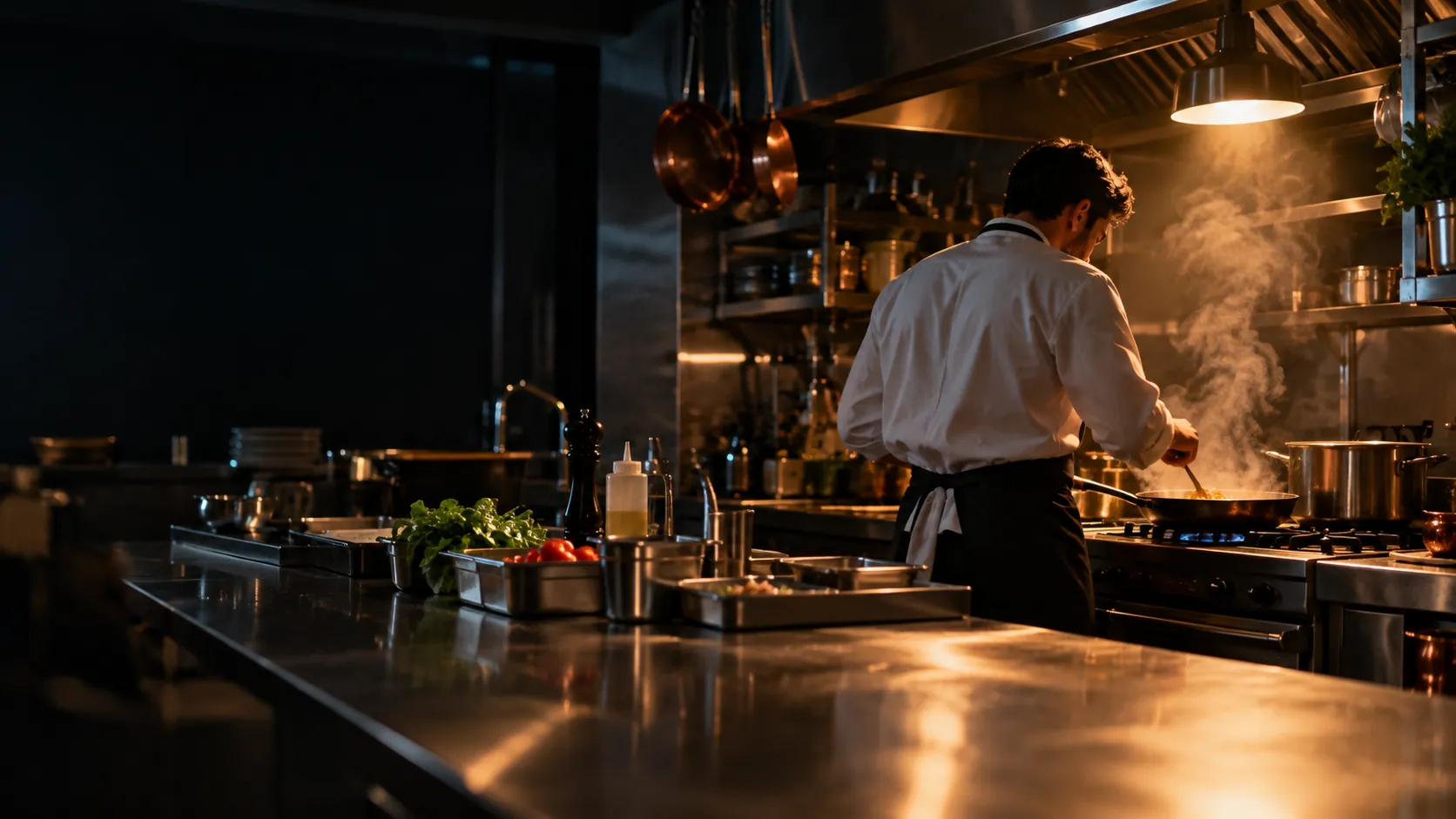 Une cuisine professionnelle de nuit : un chef de dos cuisine au fourneau, la vapeur monte dans la lumière.