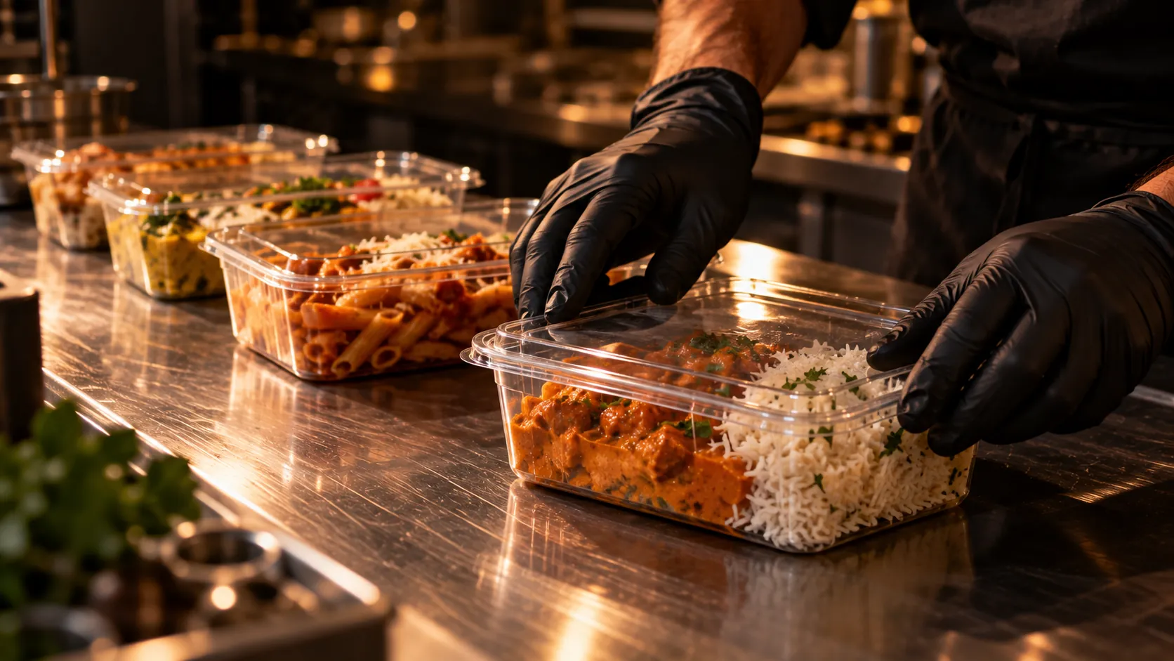 Des mains gantées ferment une barquette de butter chicken et riz, d'autres repas alignés derrière.