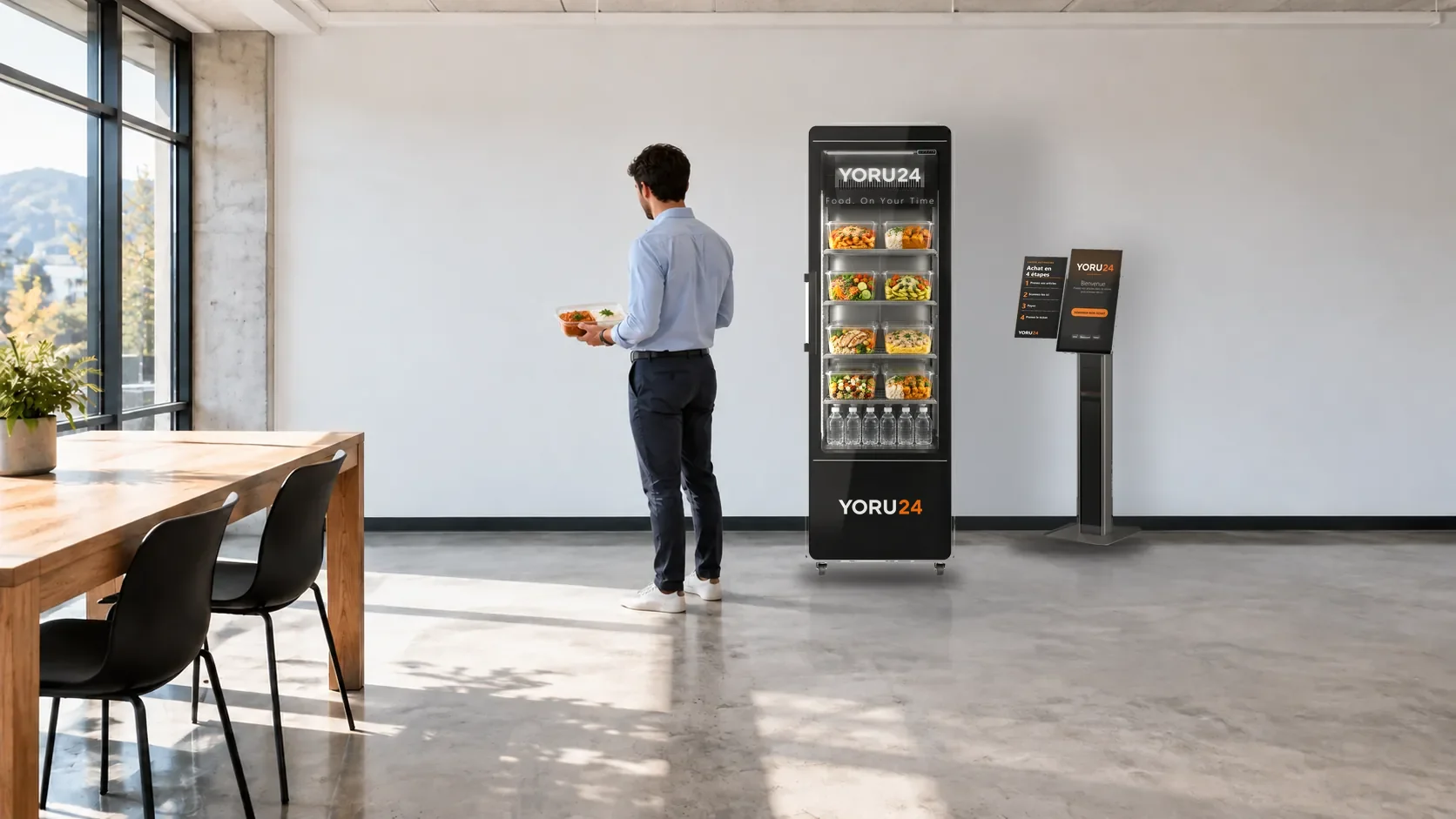 Un collaborateur emporte son repas vers la table d'un espace de pause.
