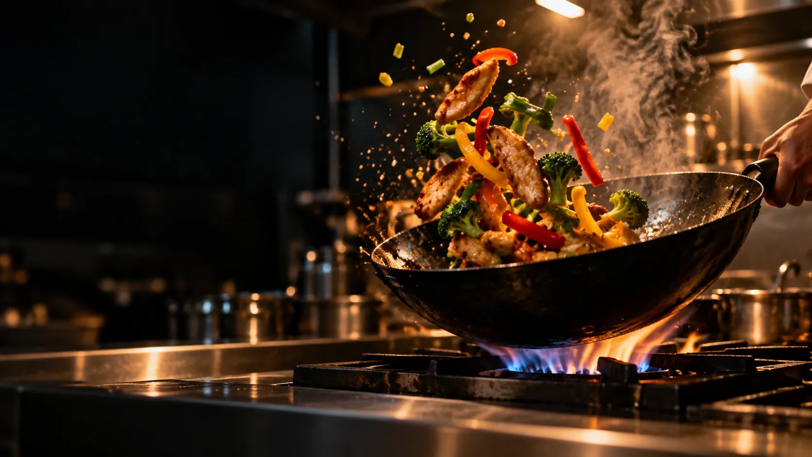 Un wok sur le feu : poulet, poivrons et brocoli sautent au-dessus de la flamme.